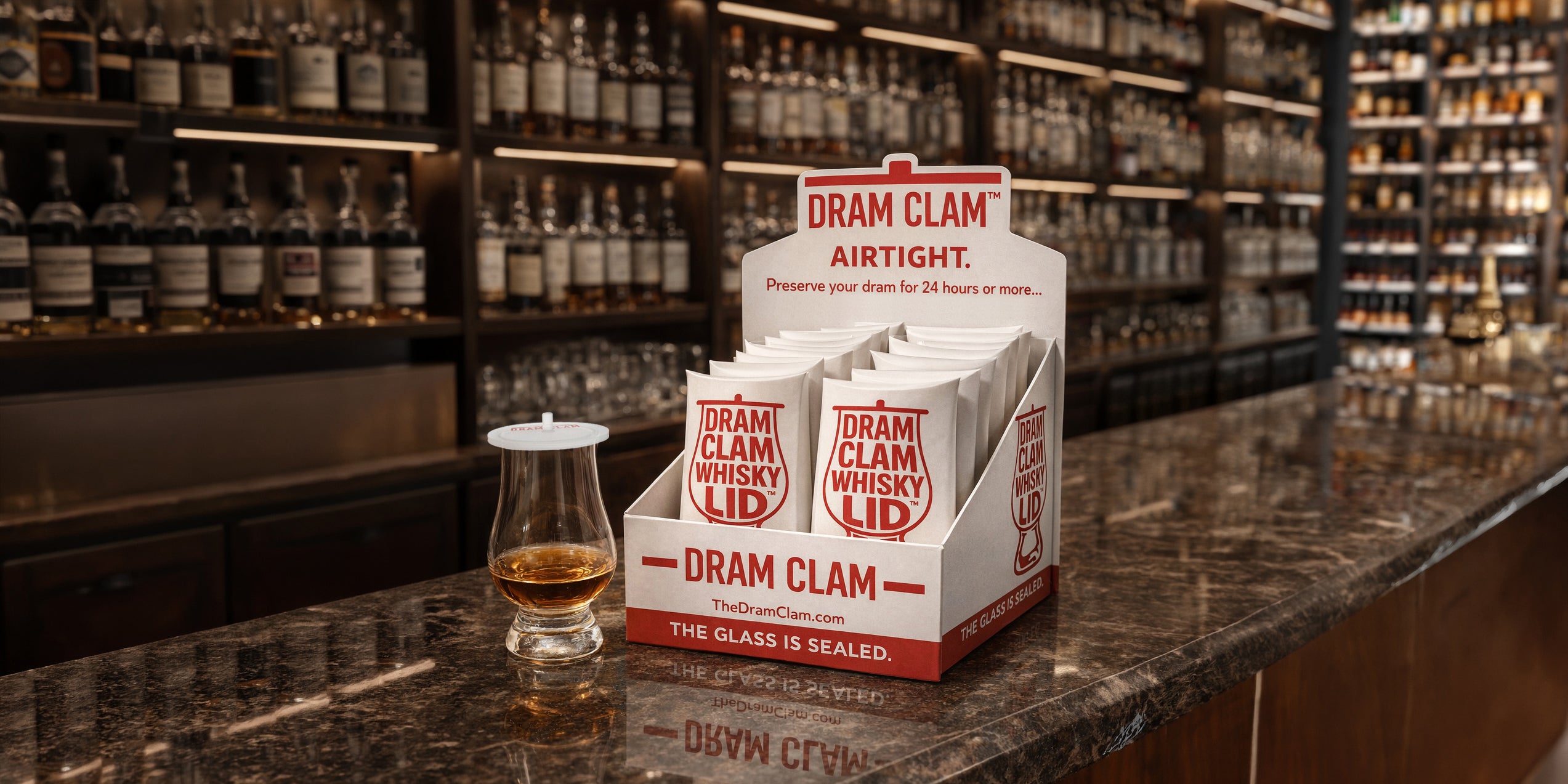 Dram Clam Whisky lid glencairn whiskey glass cover cap preserve pour saver bar distillery accessory barber shop retail wholesale bulk display liquor store